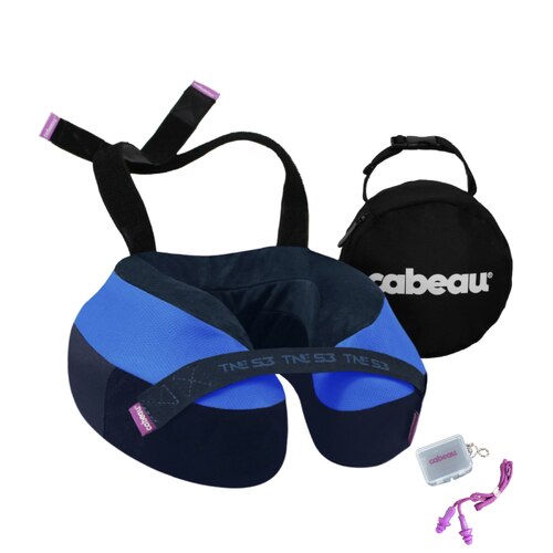 Cabeau The Neck's Evolution S3 - Memory Foam Neck Travel Pillow with Chin and Seat Strap - Blue