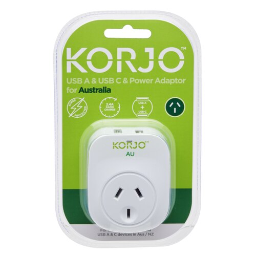 Korjo USB-C + A Charger - AUS/NZ Socket To AUS/NZ Plug - Power Adaptor