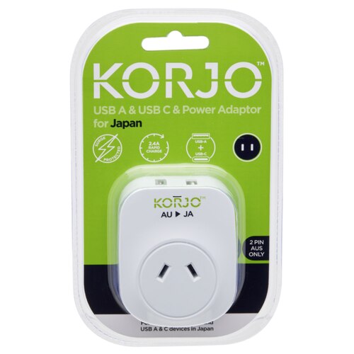 Korjo USB-C + A Charger - AUS/NZ Socket to Japan Plug - Power Adaptor