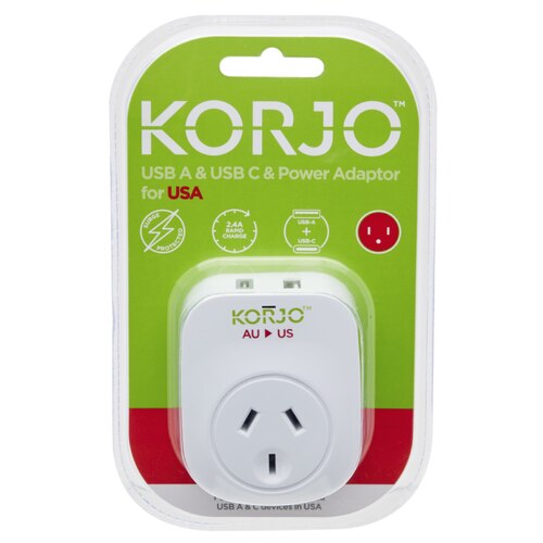 Korjo USB-C + A Charger - AUS/NZ Socket To USA Plug - Power Adaptor